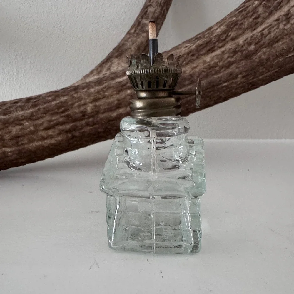 Vintage Miniature Glass Log Cabin Oil Lamp Tiny Cottage Kerosene Lamp Clear